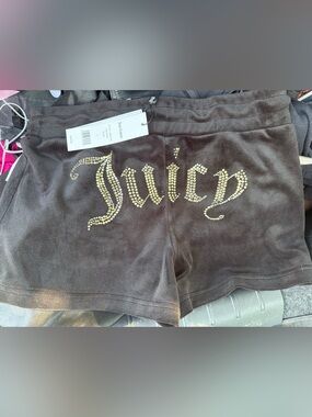 New Juicy Couture Women's Black Velour Logo Shorts with Rhinestones